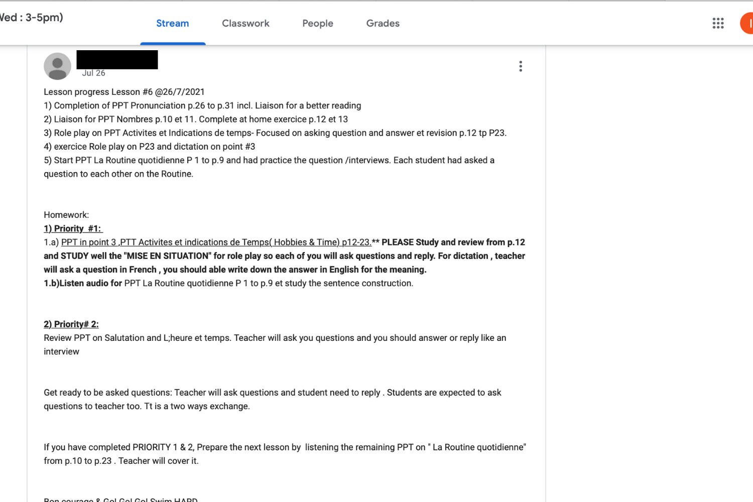 Google classroom 1 Tutor wrote the lesson progress on google classroom